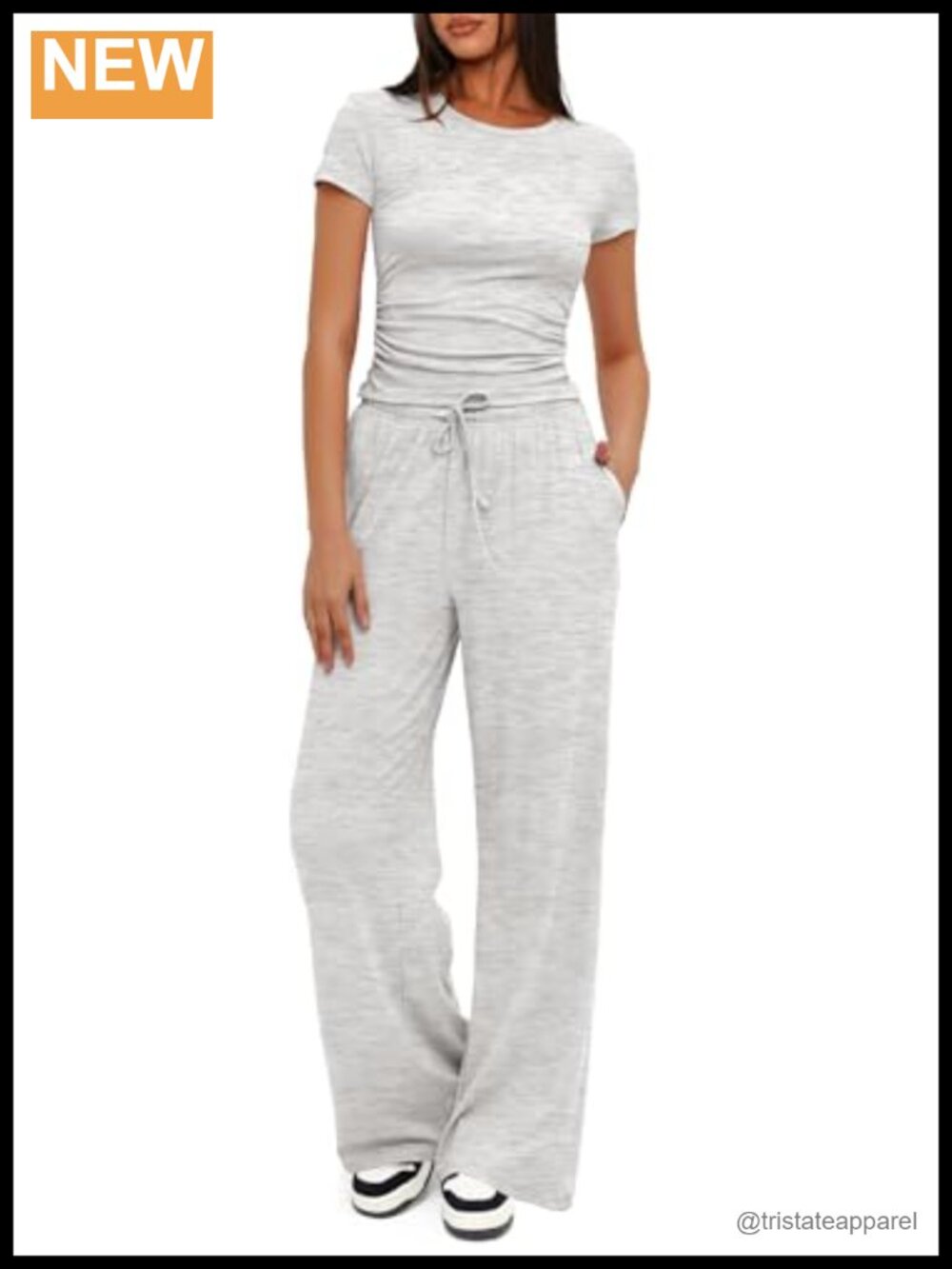 Women's 2 Piece Lounge Set Short Sleeve Wide Leg Pant Ruched Top Travel